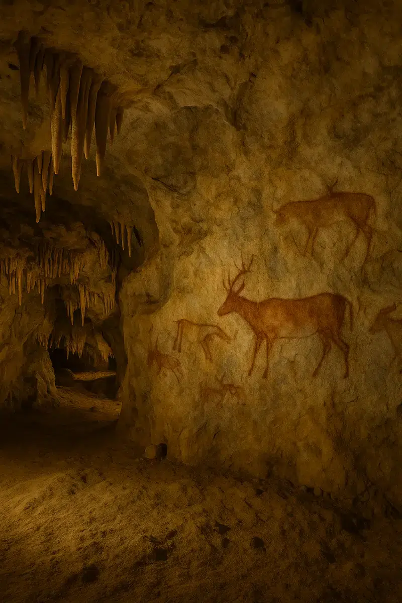 Cervidés peints en rouge sur la paroi d’une grotte préhistorique de Dordogne